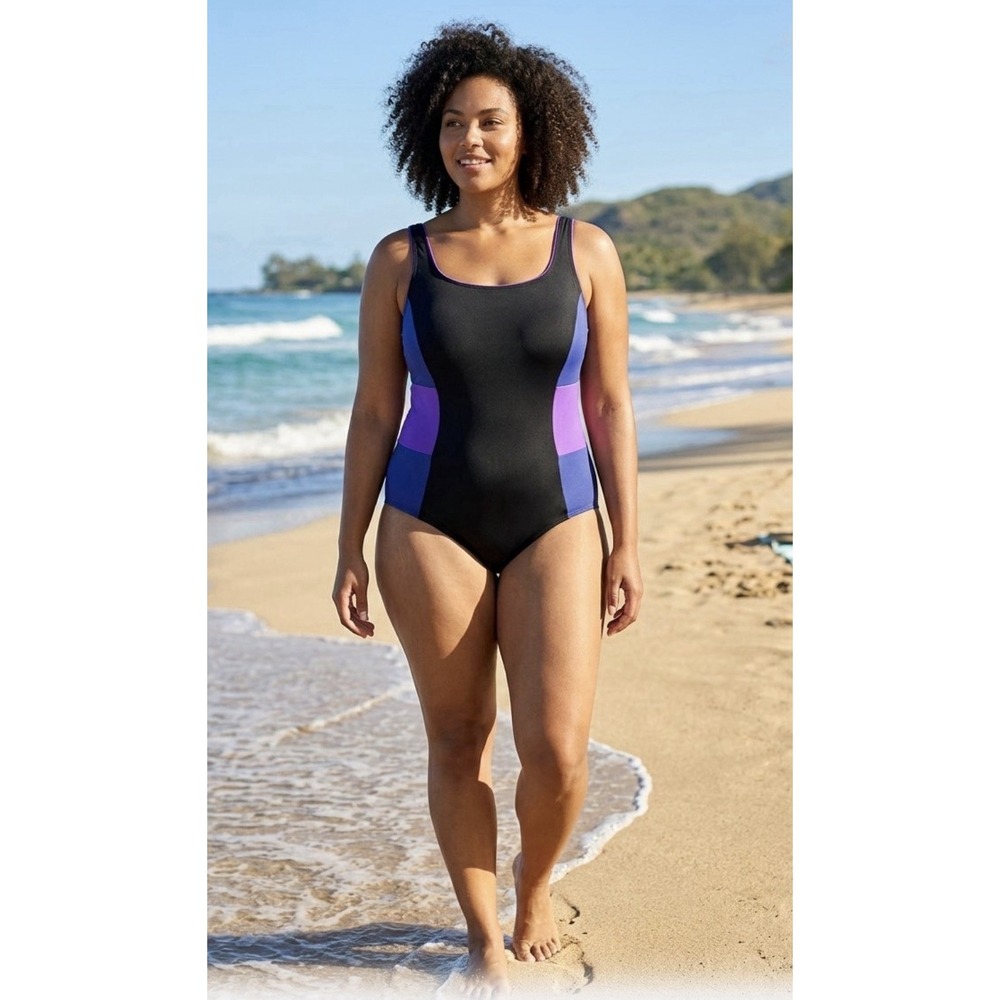NWT Lands' End Swimsuit Sz 22W Black Purple Blue One Piece Slimming Beach Vacay